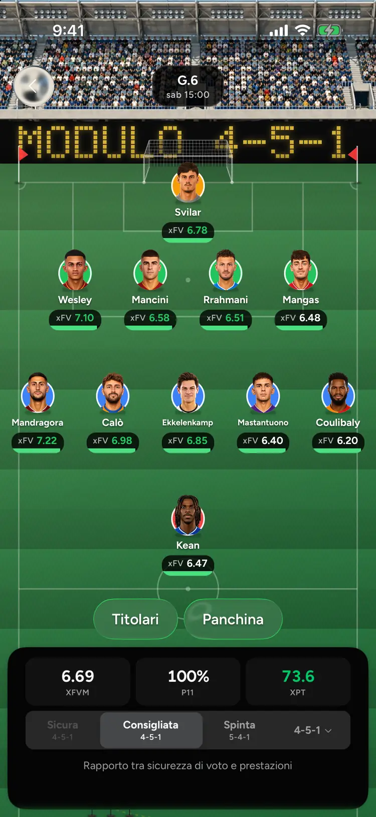 La formazione consigliata nell'app x72: undici titolari in campo con la loro xFV e il punteggio atteso della squadra